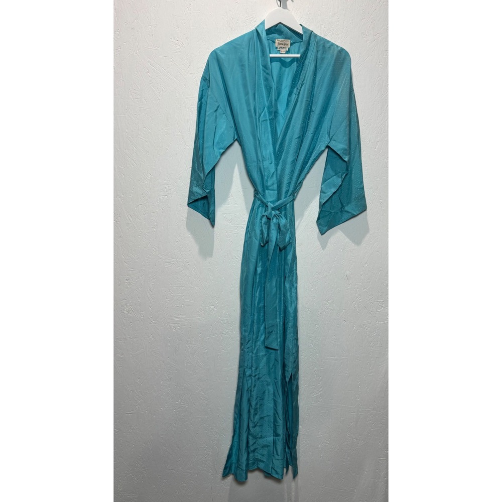 Vintage Neiman Marcus 100% Silk Robe Turquoise Blue 70s Wrap Lounger One Size